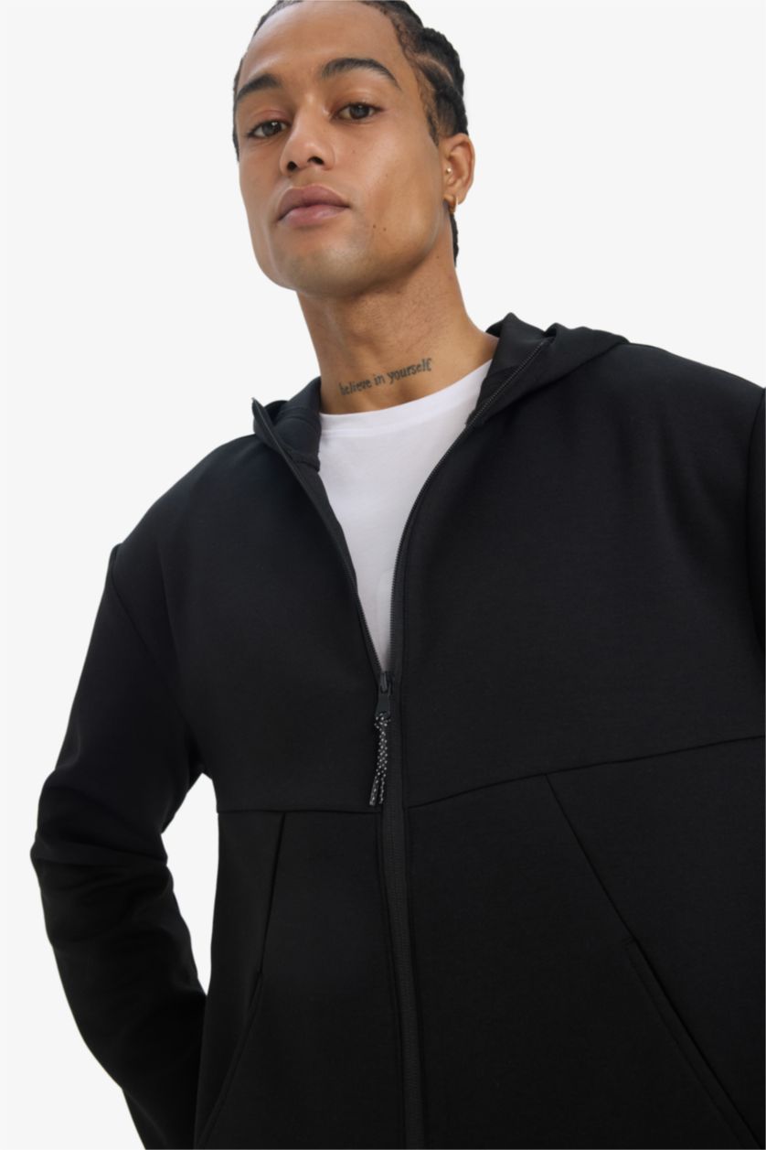 رجال أسود سترة قماش سكوبا قصة عادية بغطاء للرأس جيب ويلت