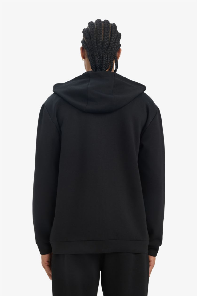 رجال أسود سترة قماش سكوبا قصة عادية بغطاء للرأس جيب ويلت