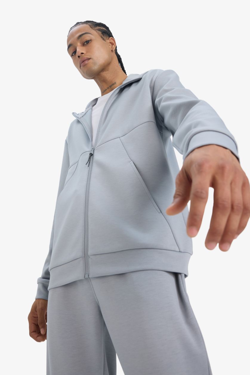 رجال رمادي سترة قماش سكوبا قصة عادية بغطاء للرأس جيب ويلت