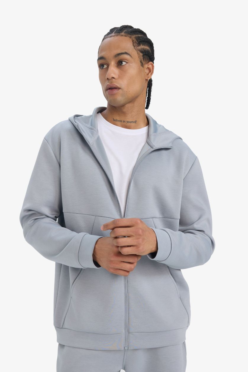 رجال رمادي سترة قماش سكوبا قصة عادية بغطاء للرأس جيب ويلت