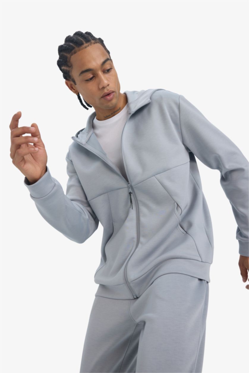 رجال رمادي سترة قماش سكوبا قصة عادية بغطاء للرأس جيب ويلت