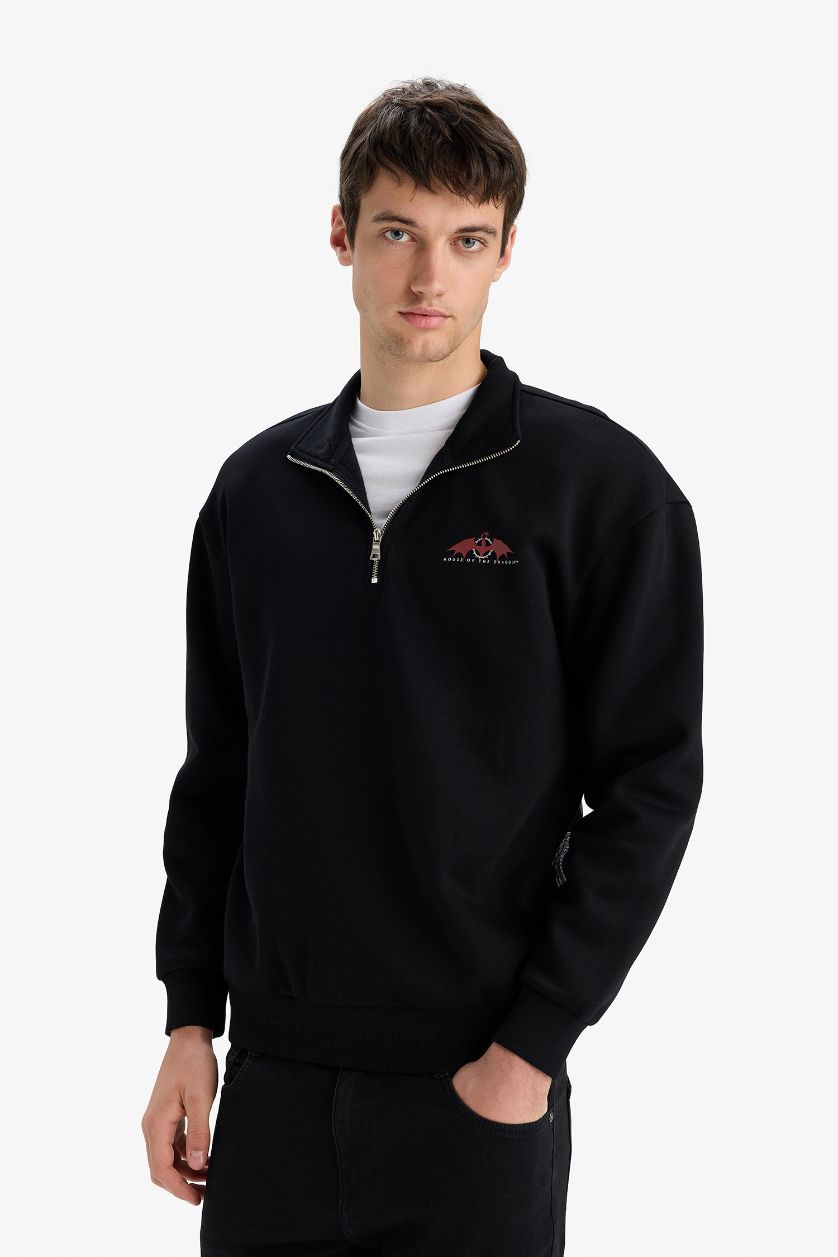 Erkek Siyah House Of The Dragon Boxy Fit Dik Yaka Fermuarlı Sırt Baskılı Sweatshirt