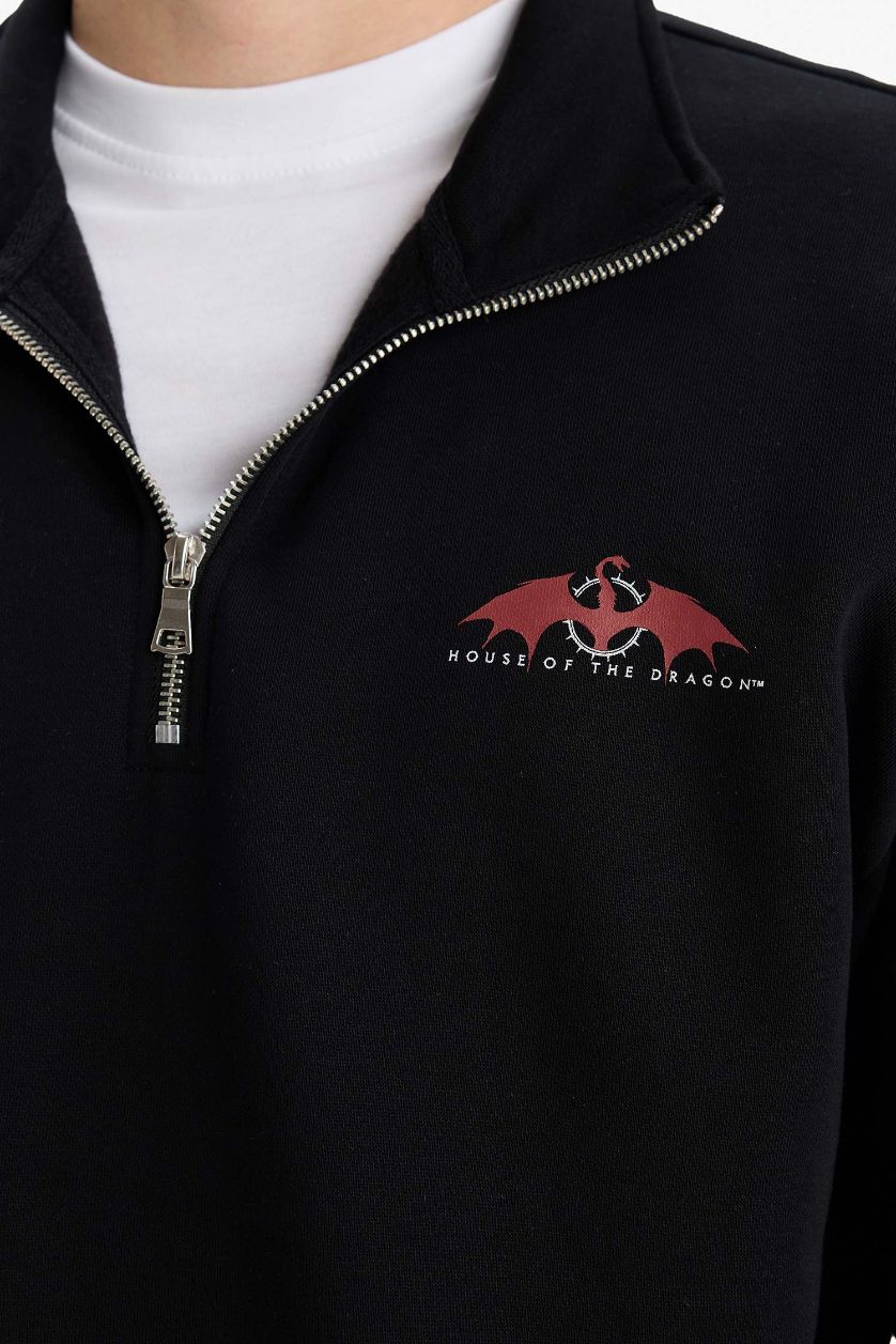 Erkek Siyah House Of The Dragon Boxy Fit Dik Yaka Fermuarlı Sırt Baskılı Sweatshirt