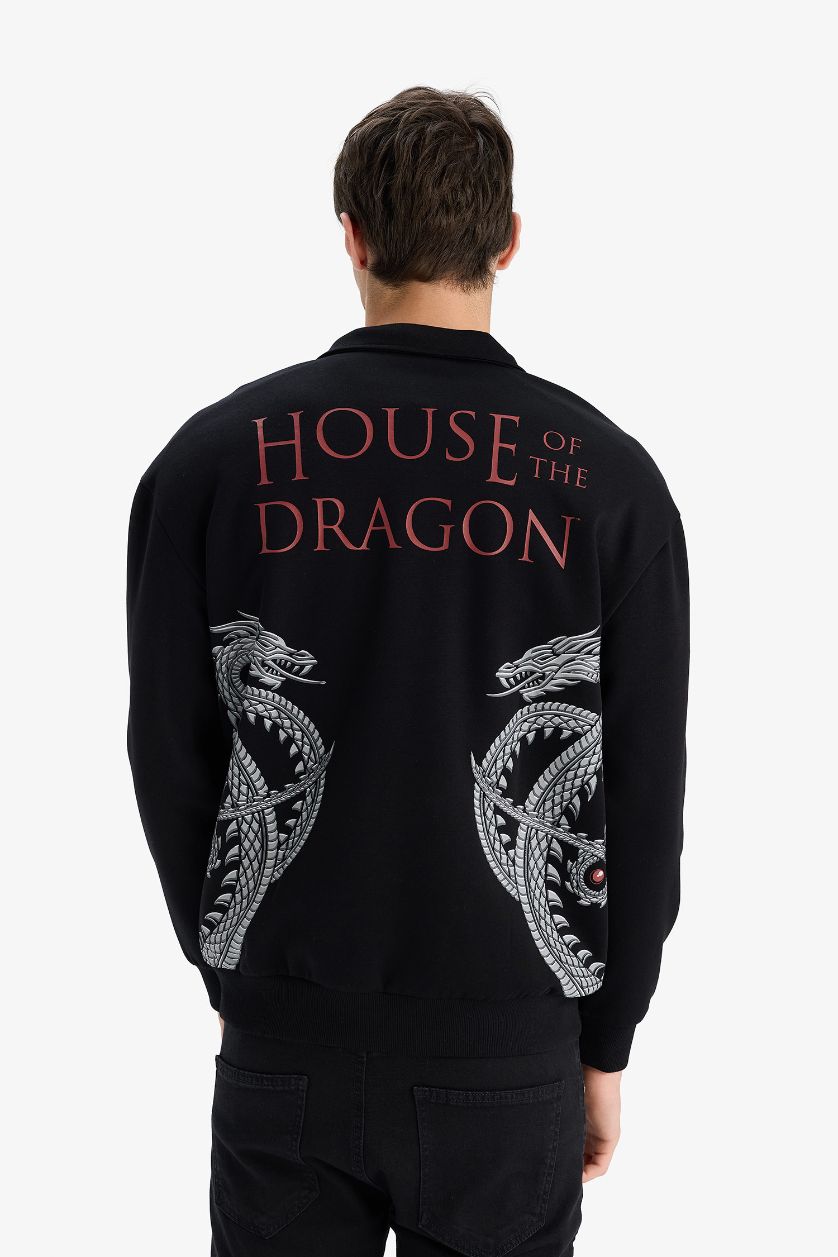 Erkek Siyah House Of The Dragon Boxy Fit Dik Yaka Fermuarlı Sırt Baskılı Sweatshirt