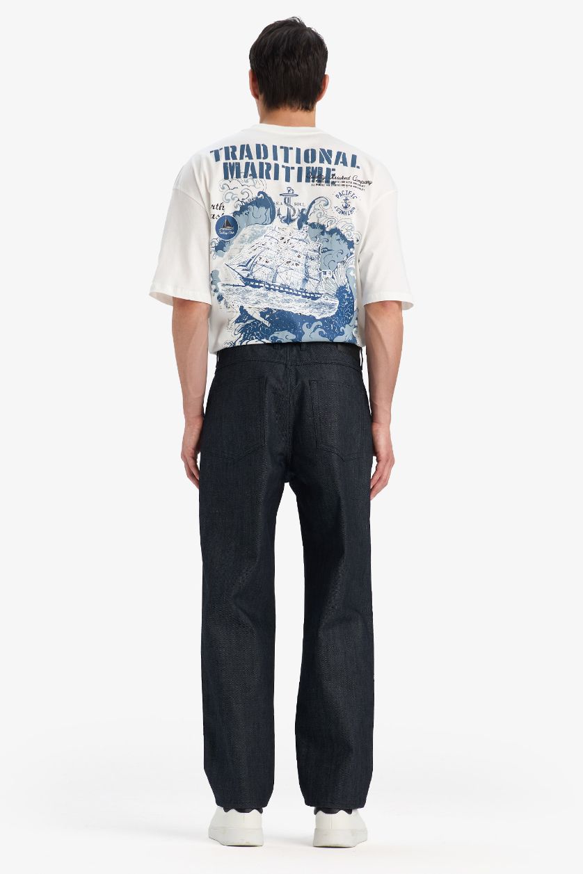 رجال أزرق غامق بنطرون جينز قصة مستقيمة وايد ليج