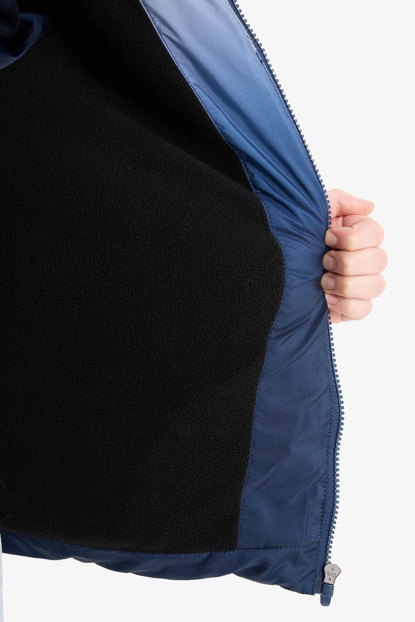 Erkek Çocuk - Genç Erkek Lacivert Su Geçirmez Kapüşonlu Polar Astarlı Fermuarlı Şişme Mont Erkek Çocuk