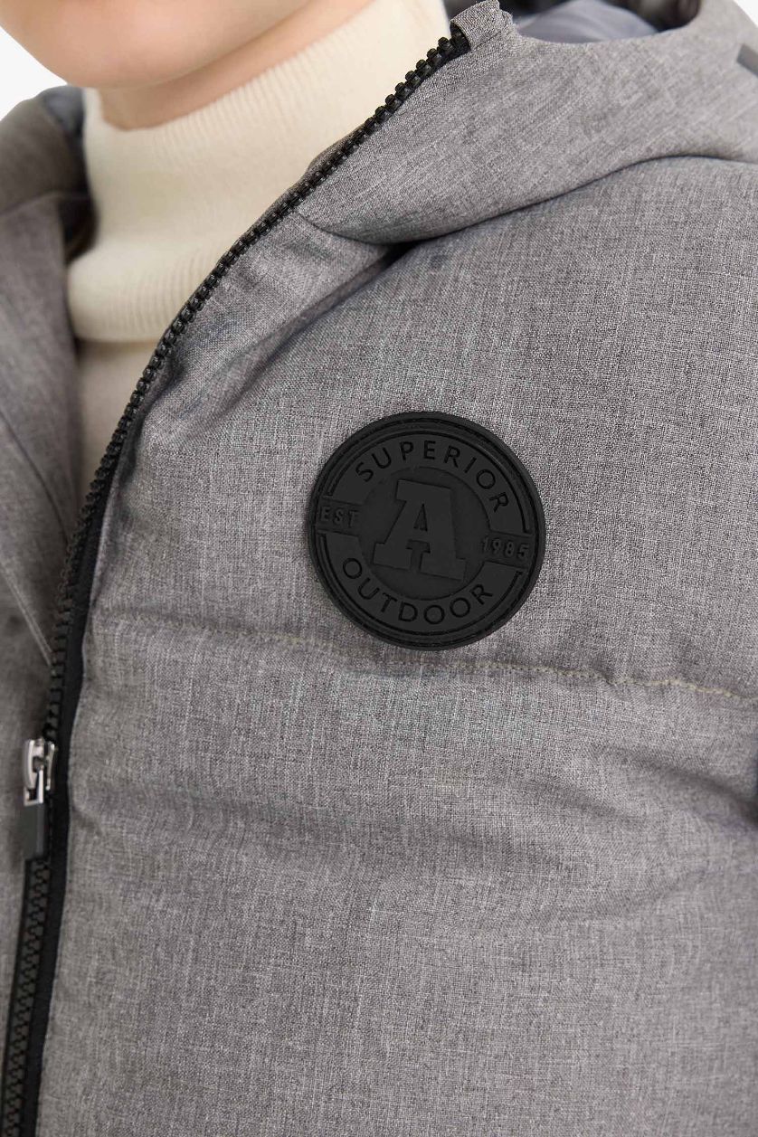 Erkek Çocuk - Genç Erkek Açık Gri Su İtici Kapüşonlu Fermuarlı Şişme Mont Erkek Çocuk