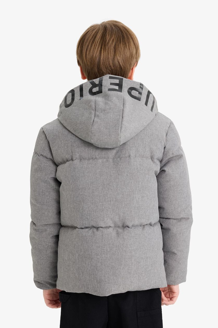 Erkek Çocuk - Genç Erkek Açık Gri Su İtici Kapüşonlu Fermuarlı Şişme Mont Erkek Çocuk