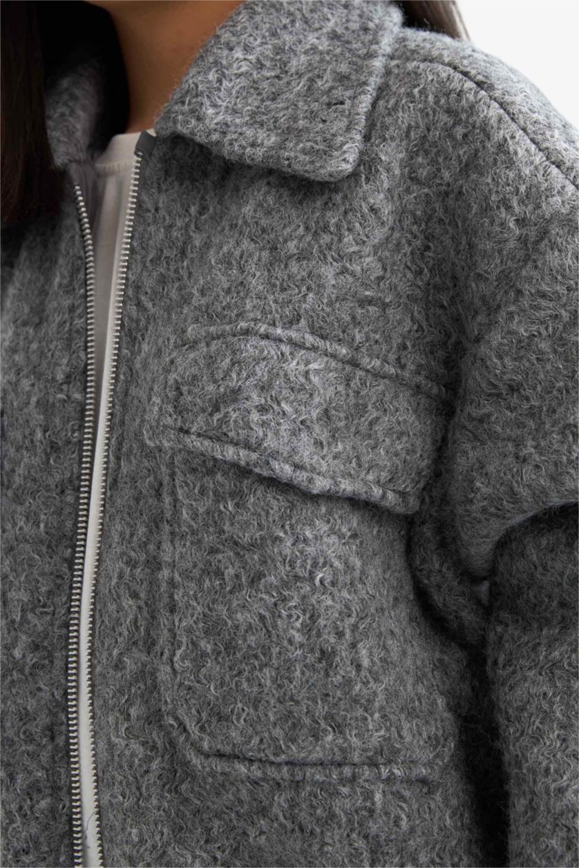 بناتي رمادي جاكيت بومبر بناتي بسوستة وياقة بولو