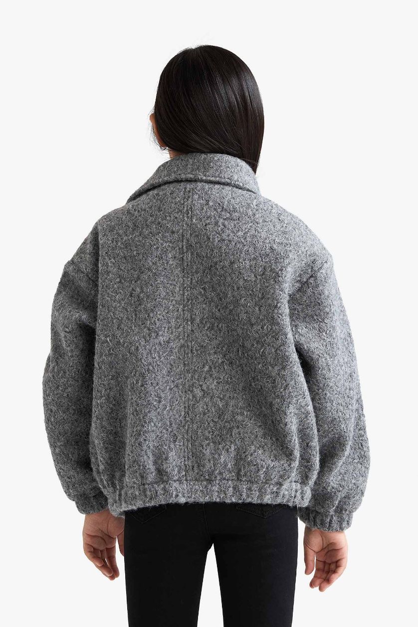 بناتي رمادي جاكيت بومبر بناتي بسوستة وياقة بولو