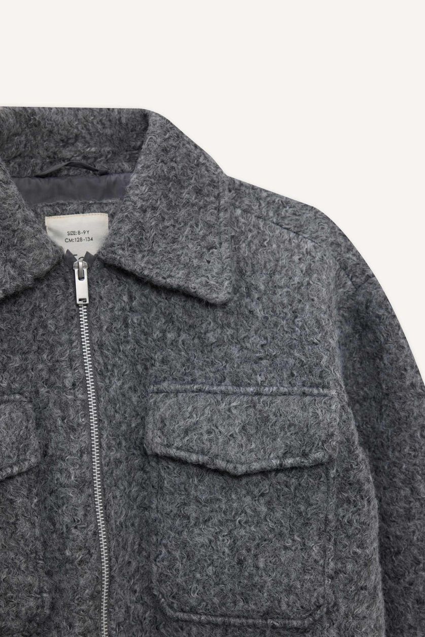 بناتي رمادي جاكيت بومبر بناتي بسوستة وياقة بولو