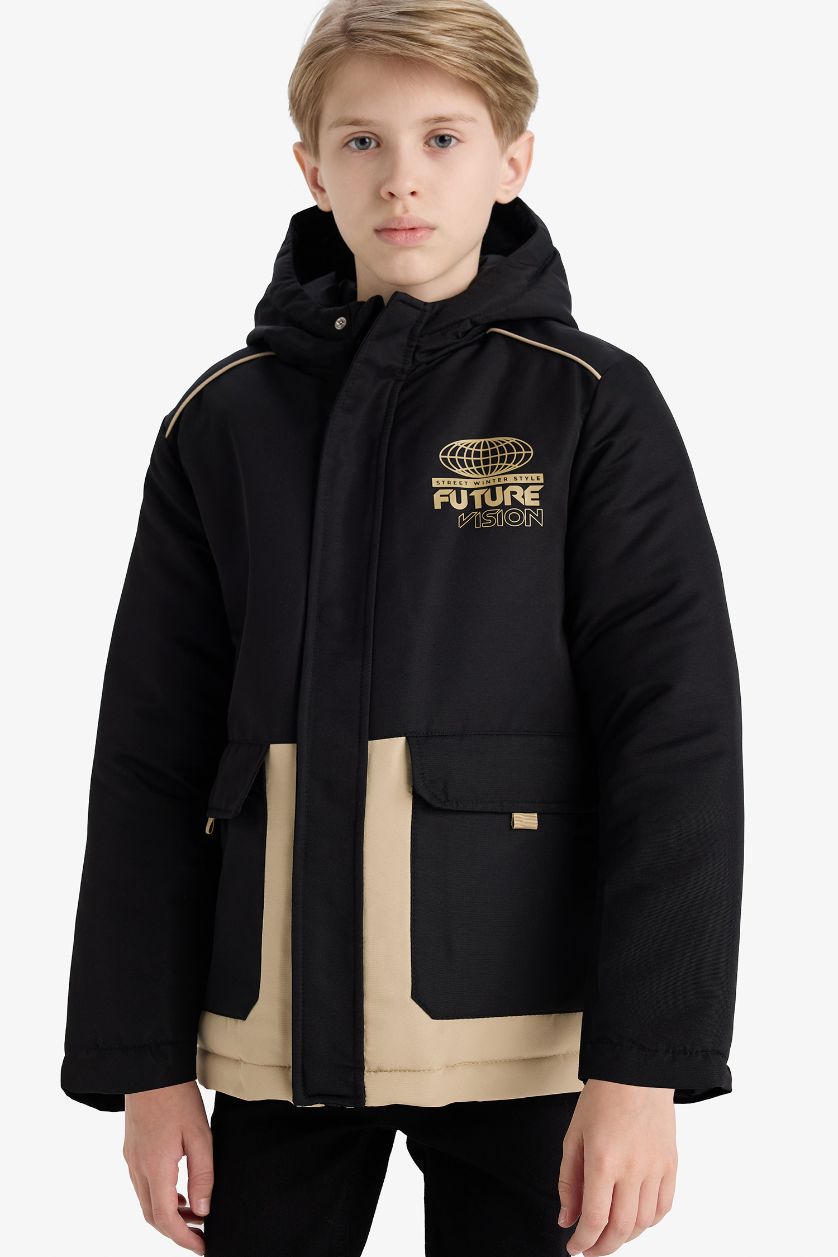 Erkek Çocuk - Genç Erkek Siyah Su İtici Kapüşonlu Fermuarlı Mont Erkek Çocuk