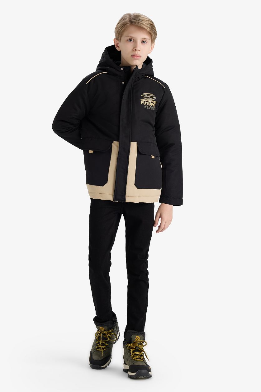Erkek Çocuk - Genç Erkek Siyah Su İtici Kapüşonlu Fermuarlı Mont Erkek Çocuk