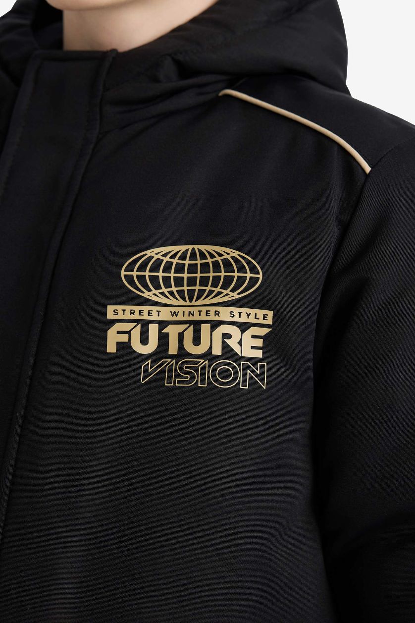 Erkek Çocuk - Genç Erkek Siyah Su İtici Kapüşonlu Fermuarlı Mont Erkek Çocuk