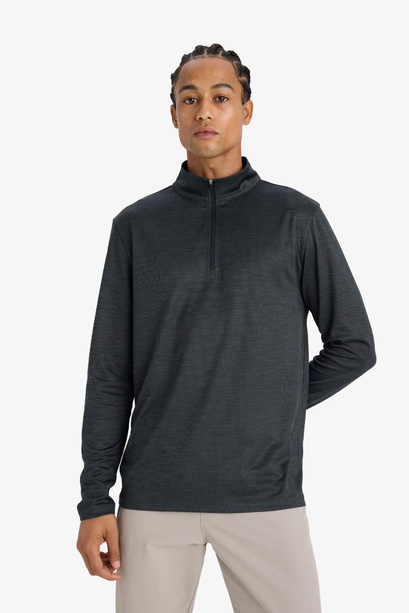 Erkek Antrasit Melanj Slim Fit Dar Kesim Dik Yaka Çabuk Kuruyan Nefes Alabilen Esnek Kumaş Fermuarlı Sporcu Uzun Kollu Body