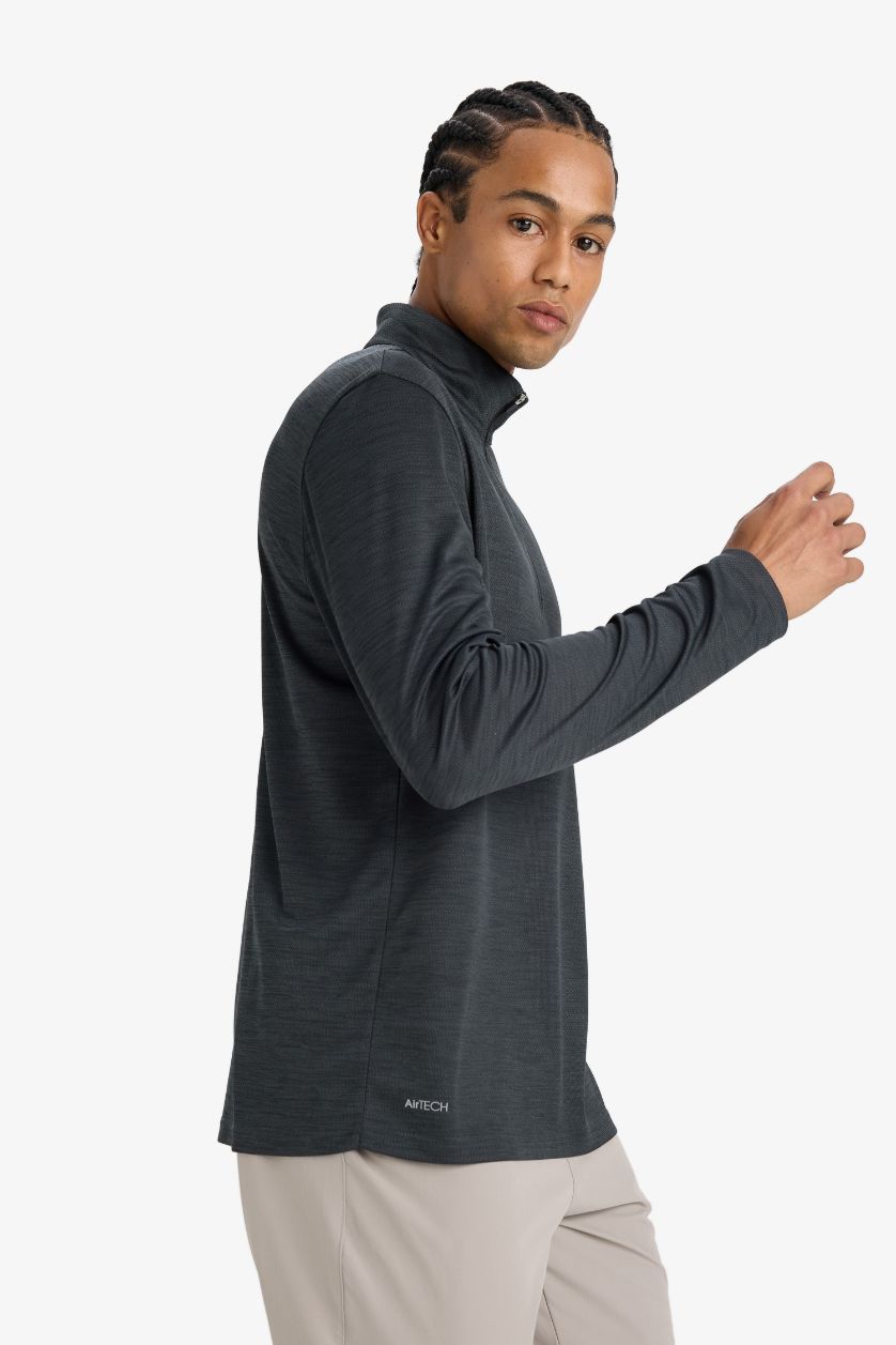 Erkek Antrasit Melanj Slim Fit Dar Kesim Dik Yaka Çabuk Kuruyan Nefes Alabilen Esnek Kumaş Fermuarlı Sporcu Uzun Kollu Body
