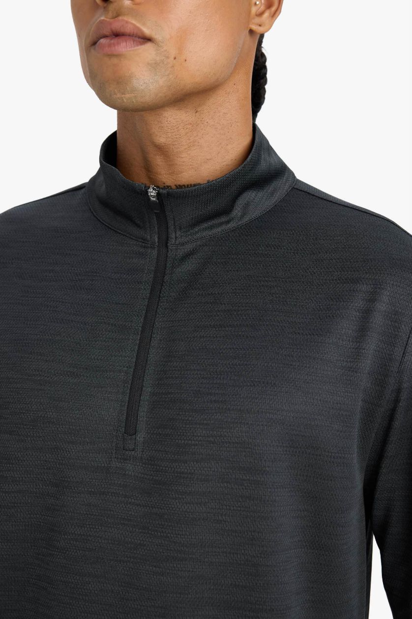 Erkek Antrasit Melanj Slim Fit Dar Kesim Dik Yaka Çabuk Kuruyan Nefes Alabilen Esnek Kumaş Fermuarlı Sporcu Uzun Kollu Body