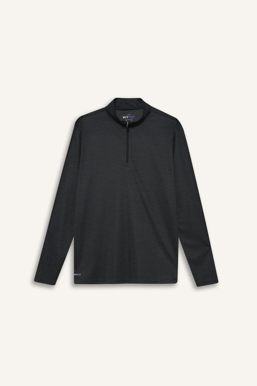 Erkek Antrasit Melanj Slim Fit Dar Kesim Dik Yaka Çabuk Kuruyan Nefes Alabilen Esnek Kumaş Fermuarlı Sporcu Uzun Kollu Body