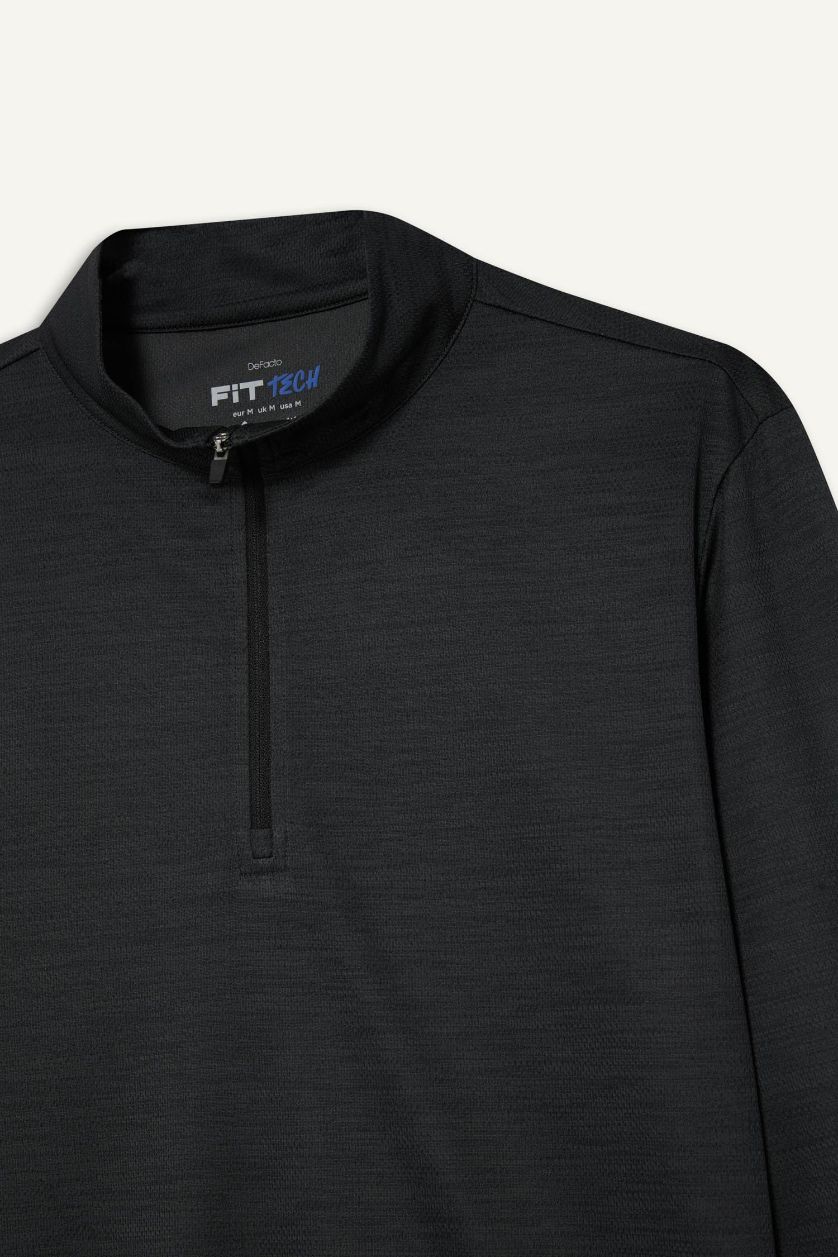 Erkek Antrasit Melanj Slim Fit Dar Kesim Dik Yaka Çabuk Kuruyan Nefes Alabilen Esnek Kumaş Fermuarlı Sporcu Uzun Kollu Body