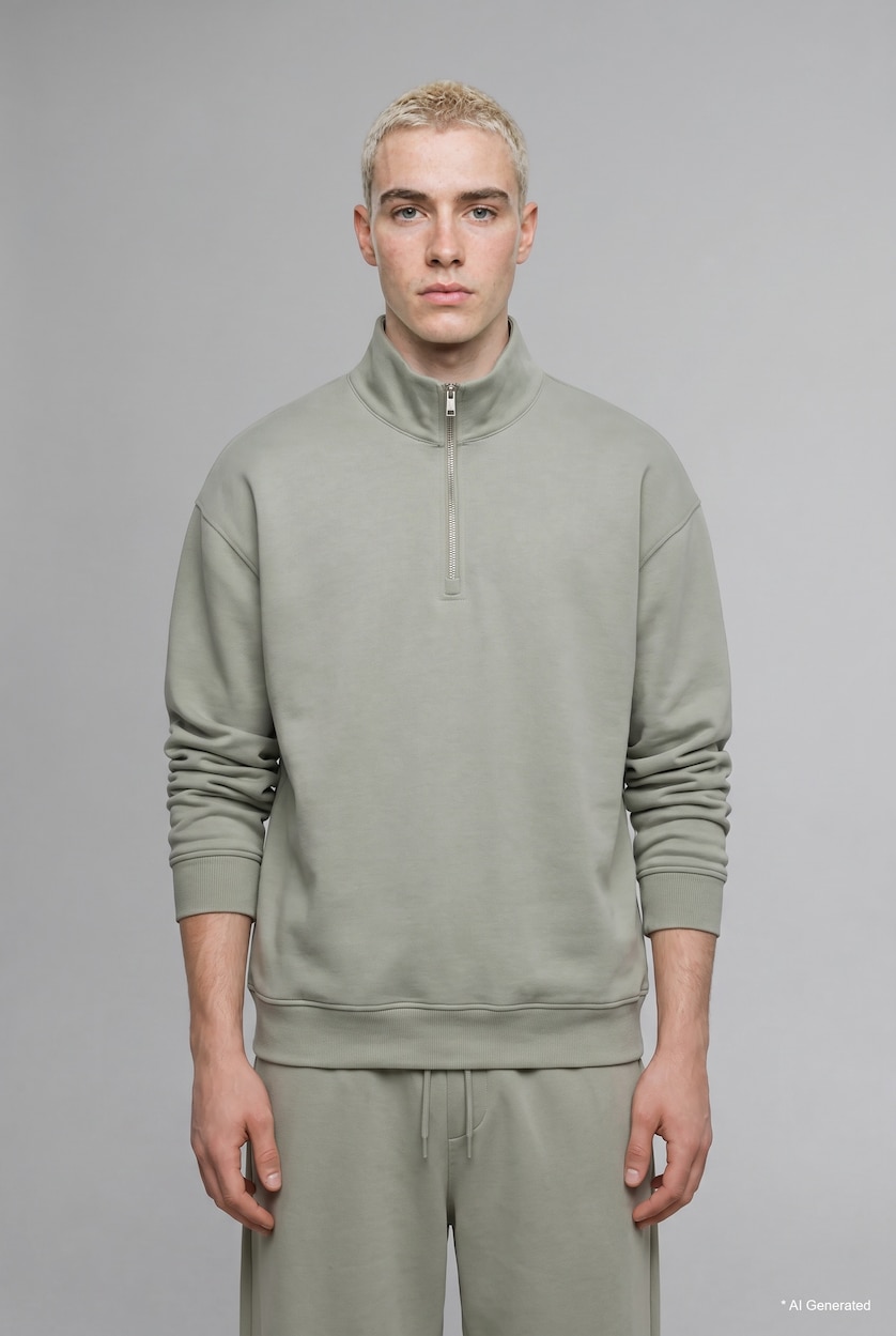 رجال كاكي فاتح Boxy Fit Scuba Fabric Stand Collar Sweatshirt