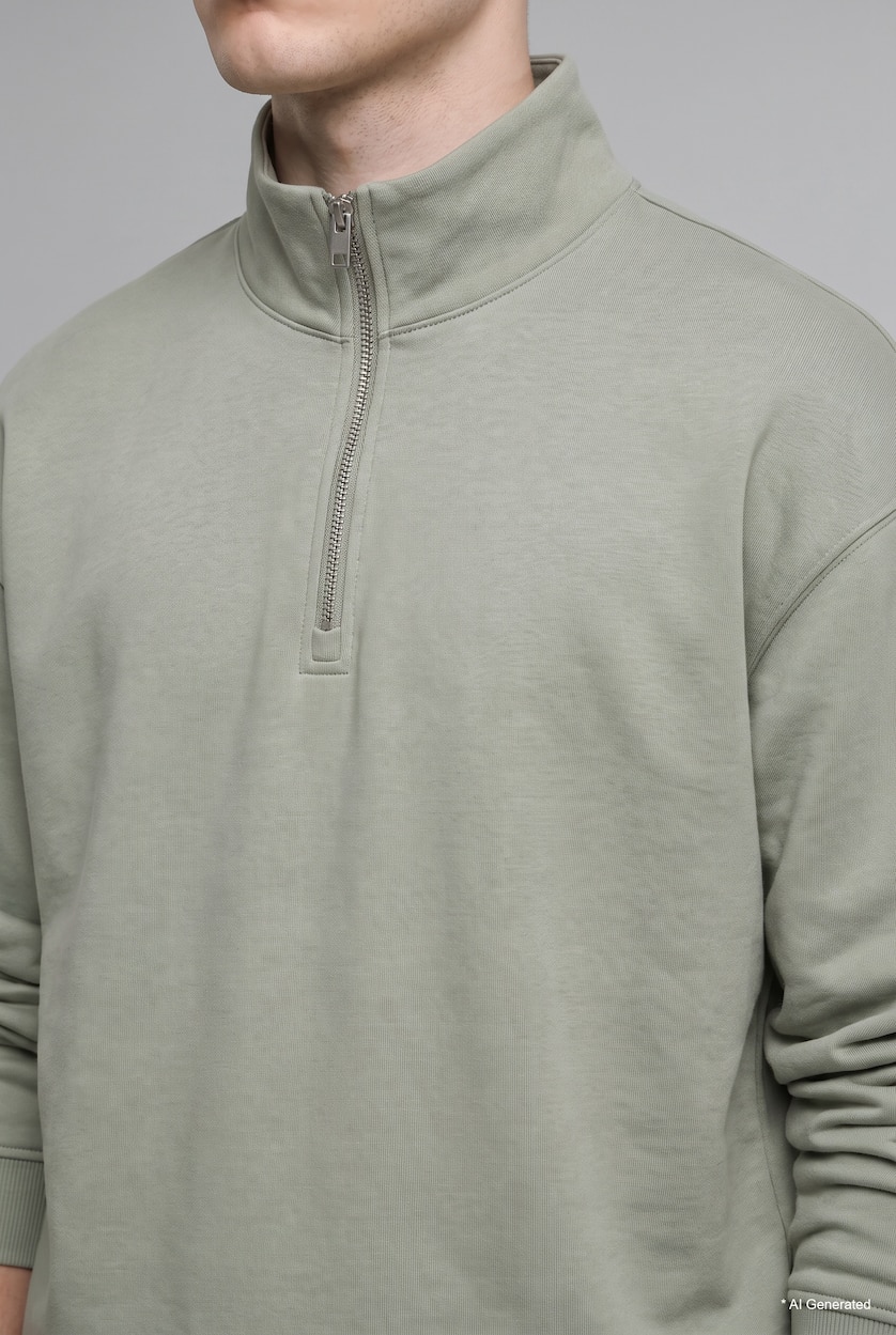 رجال كاكي فاتح Boxy Fit Scuba Fabric Stand Collar Sweatshirt