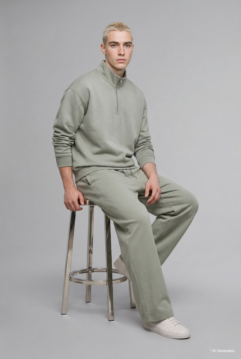 رجال كاكي فاتح Boxy Fit Scuba Fabric Stand Collar Sweatshirt