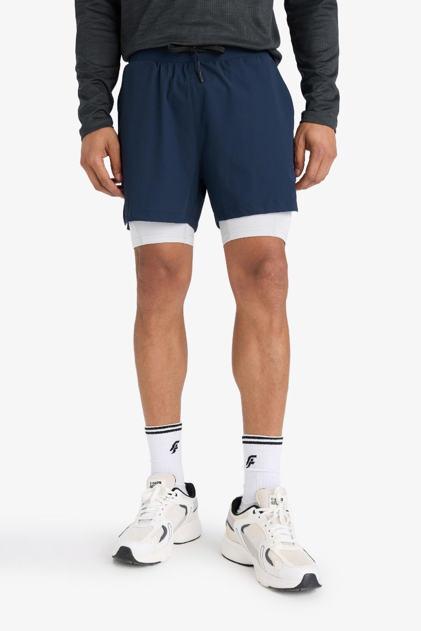 Erkek Lacivert Slim Fit Dar Kesim Sporcu İçi Taytlı Kısa Paça Şort