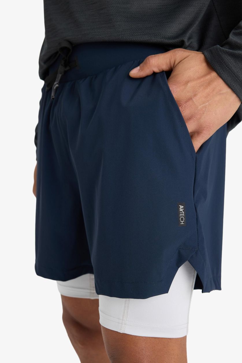 Erkek Lacivert Slim Fit Dar Kesim Sporcu İçi Taytlı Kısa Paça Şort