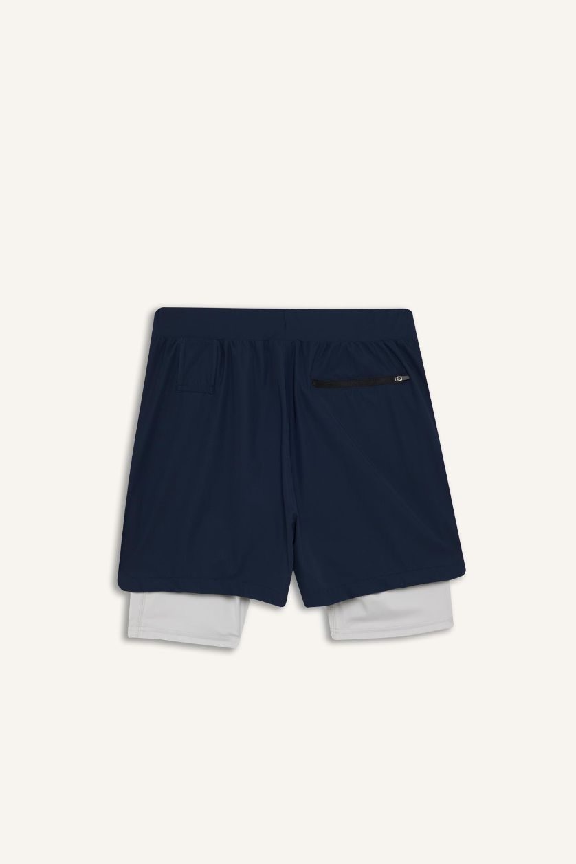 Erkek Lacivert Slim Fit Dar Kesim Sporcu İçi Taytlı Kısa Paça Şort