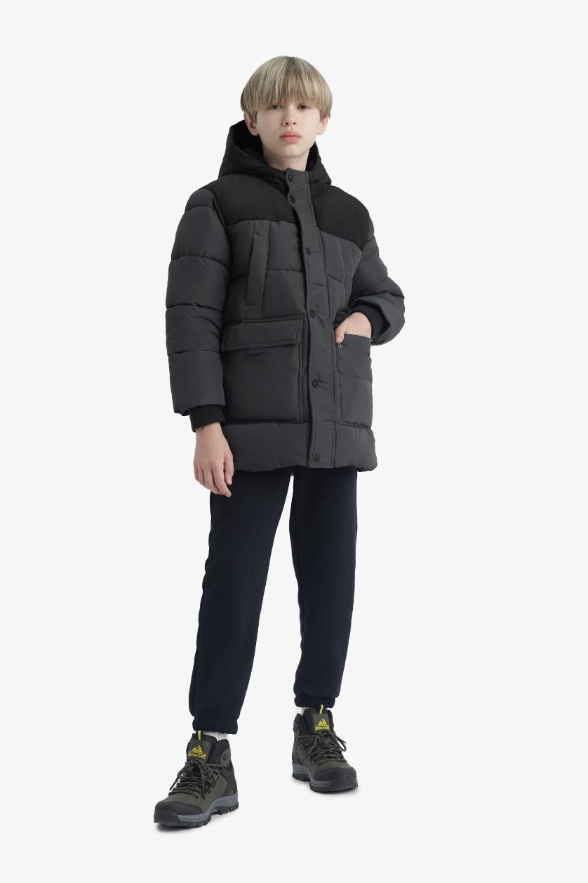 Erkek Çocuk - Genç Erkek Antrasit Su Geçirmez Kapüşonlu Polar Astarlı Parka Erkek Çocuk