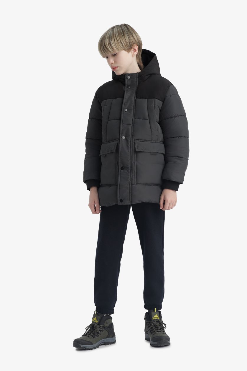 Erkek Çocuk - Genç Erkek Antrasit Su Geçirmez Kapüşonlu Polar Astarlı Parka Erkek Çocuk
