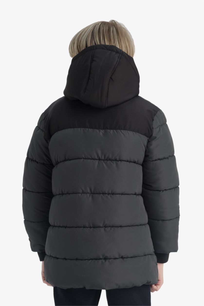 Erkek Çocuk - Genç Erkek Antrasit Su Geçirmez Kapüşonlu Polar Astarlı Parka Erkek Çocuk