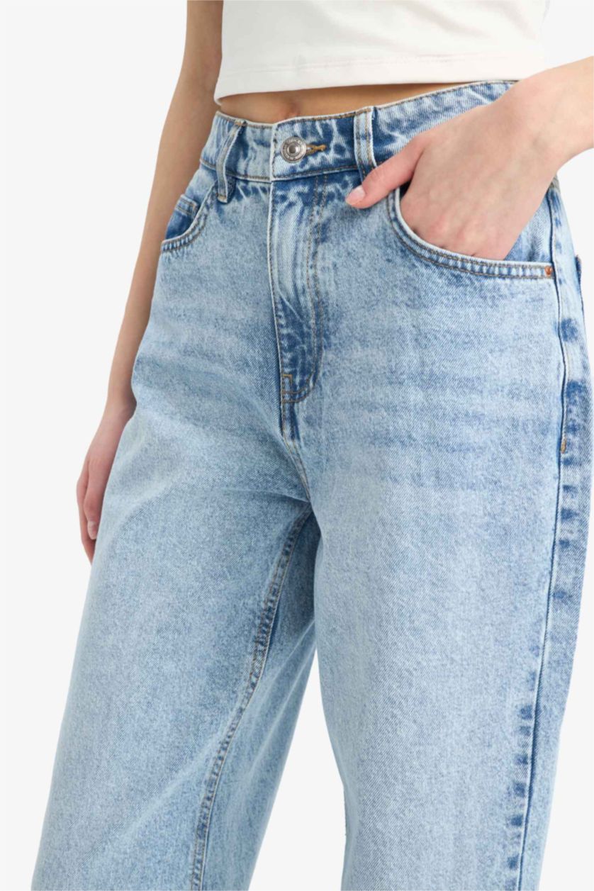 Женщины Светло-синий Джинсы с высокой талией, широкими штанинами, длинной и в стирании "кар"