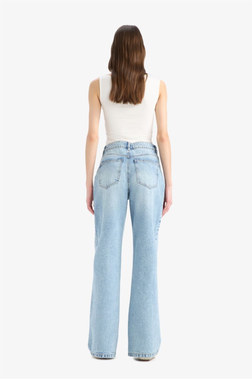 Женщины Светло-синий Джинсы с высокой талией, широкими штанинами, длинной и в стирании "кар"