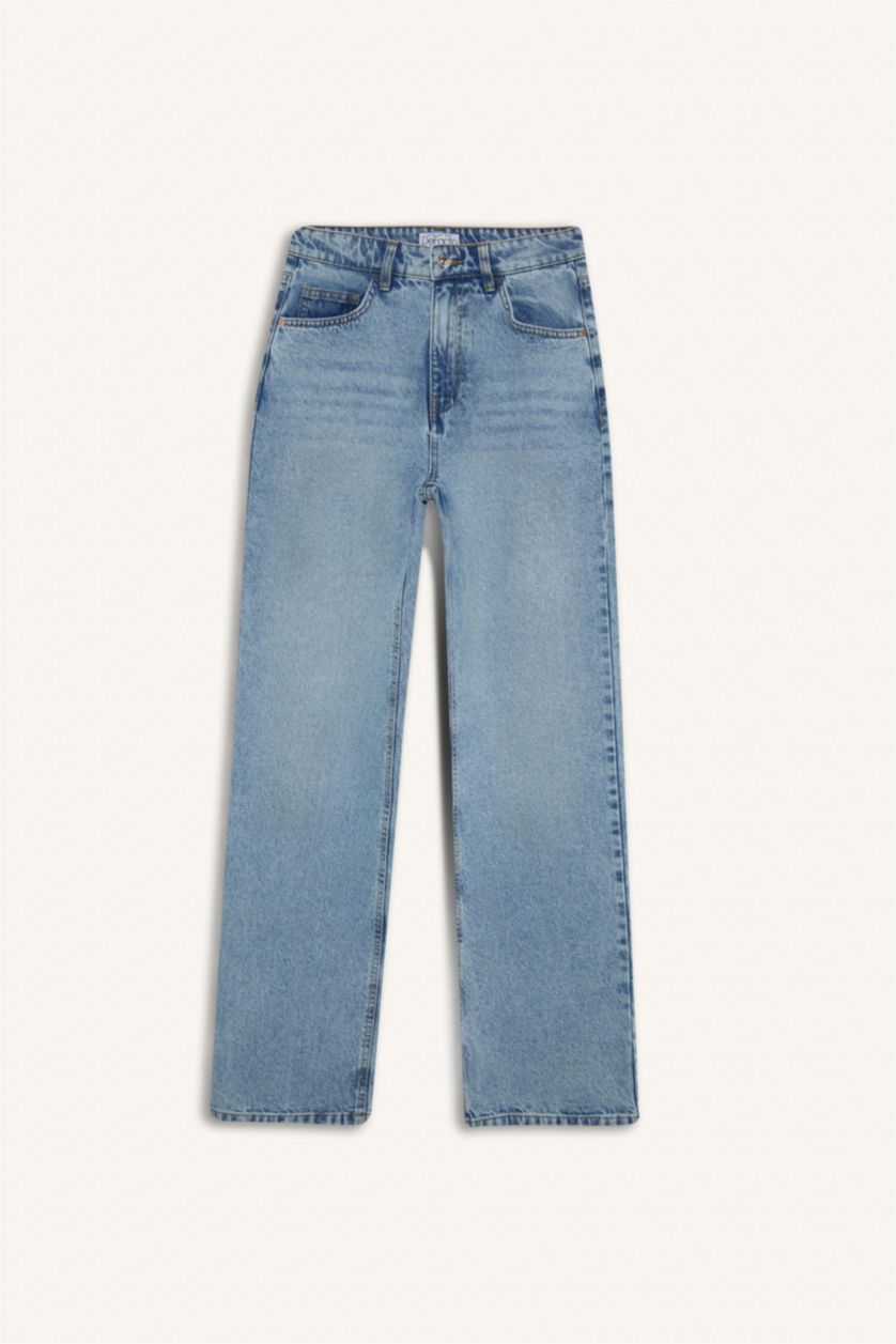 Женщины Светло-синий Джинсы с высокой талией, широкими штанинами, длинной и в стирании "кар"