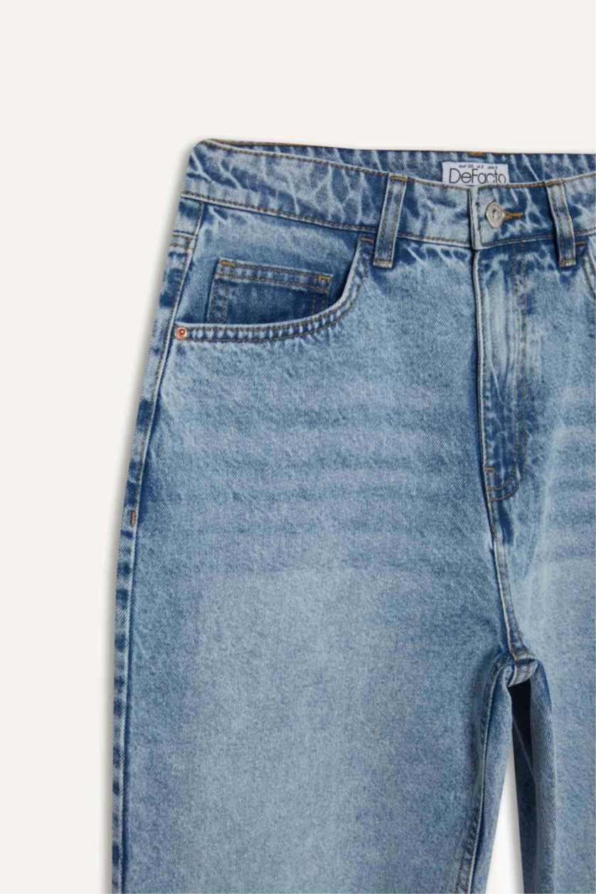 Женщины Светло-синий Джинсы с высокой талией, широкими штанинами, длинной и в стирании "кар"