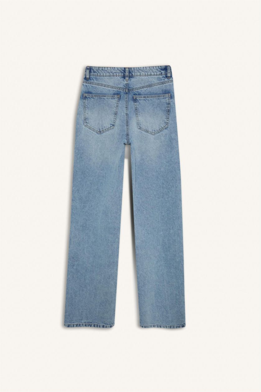 Женщины Светло-синий Джинсы с высокой талией, широкими штанинами, длинной и в стирании "кар"