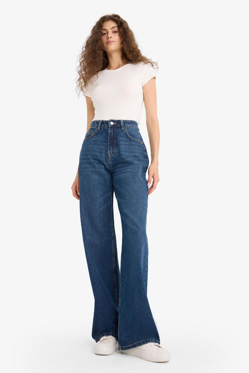 WOMAN Dark Blue Straight Wide Leg High Waist Jean Look Trousers