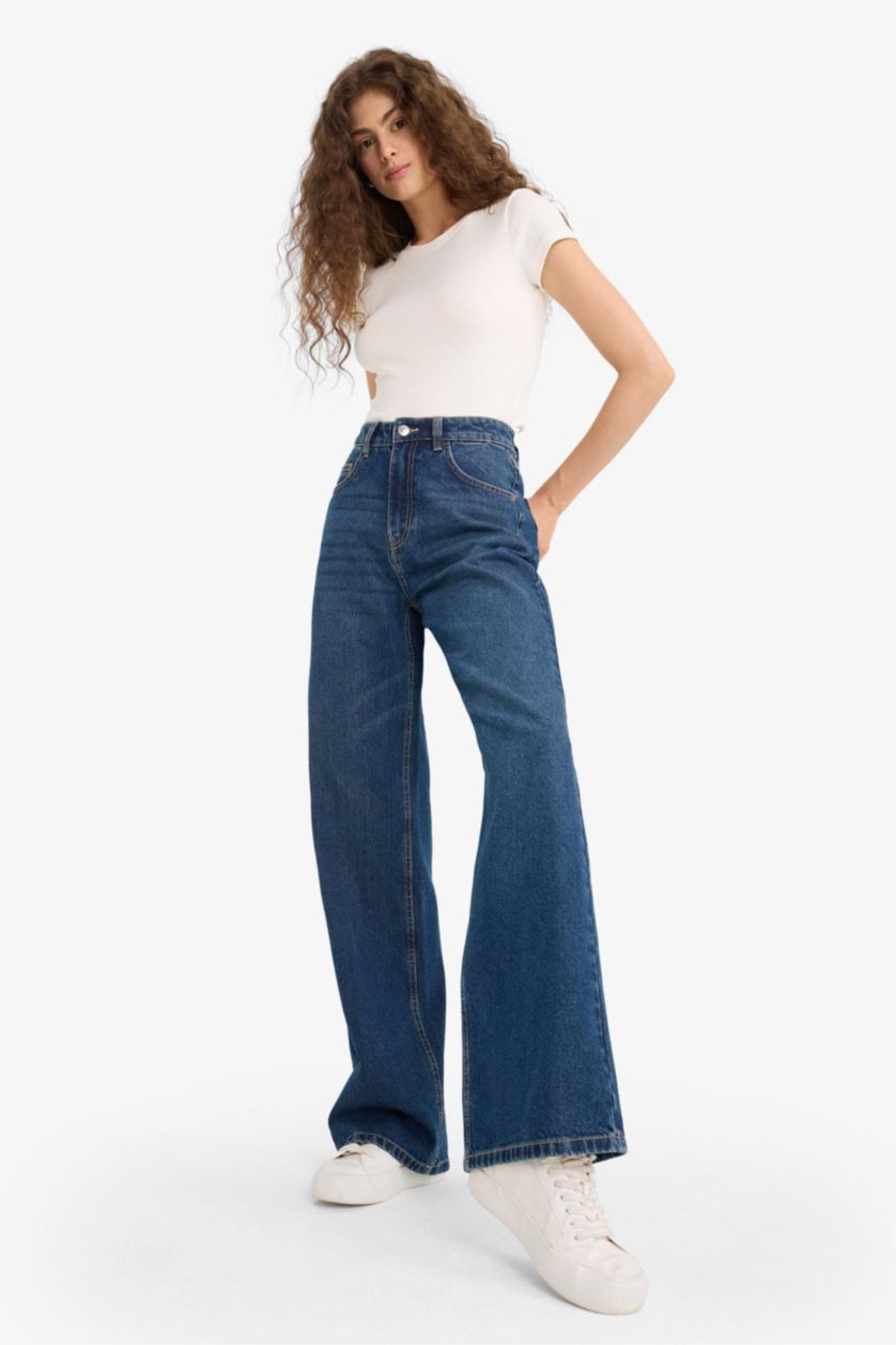 WOMAN Dark Blue Straight Wide Leg High Waist Jean Look Trousers