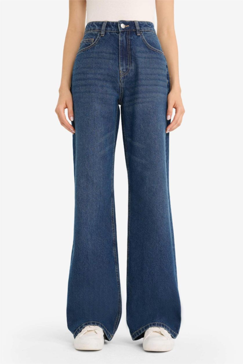 WOMAN Dark Blue Straight Wide Leg High Waist Jean Look Trousers