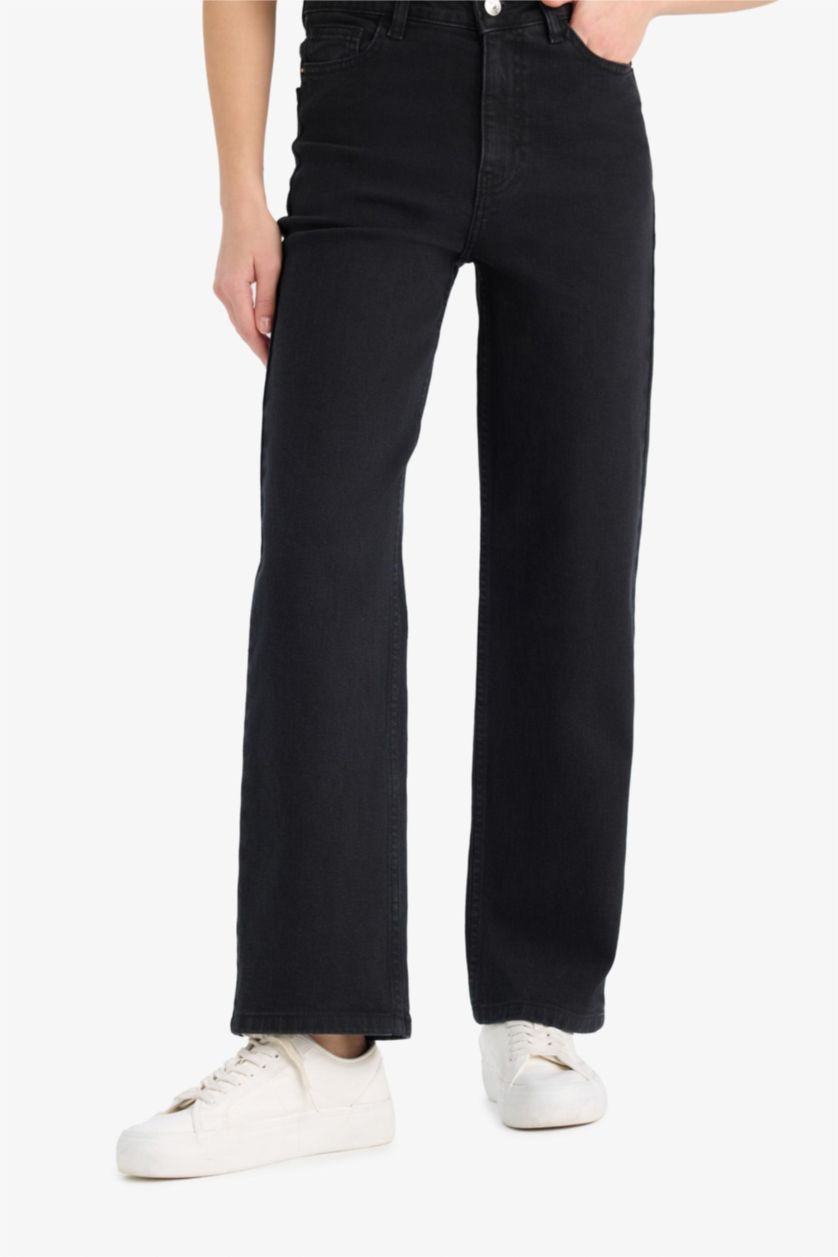 Женщины Черный Комфортные джинсы с высокой талией и прямыми длинными штанинами.