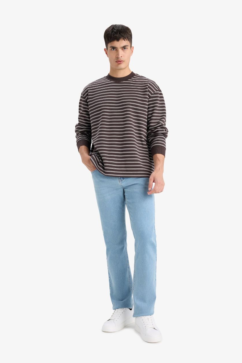 Erkek Koyu Kahve Relax Fit Bisiklet Yaka Çizgili Sweatshirt