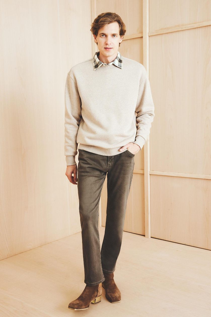 Erkek Açık Bej Melanj Relax Fıt Bisiklet Yaka Kalın Kumaş Sweatshirt