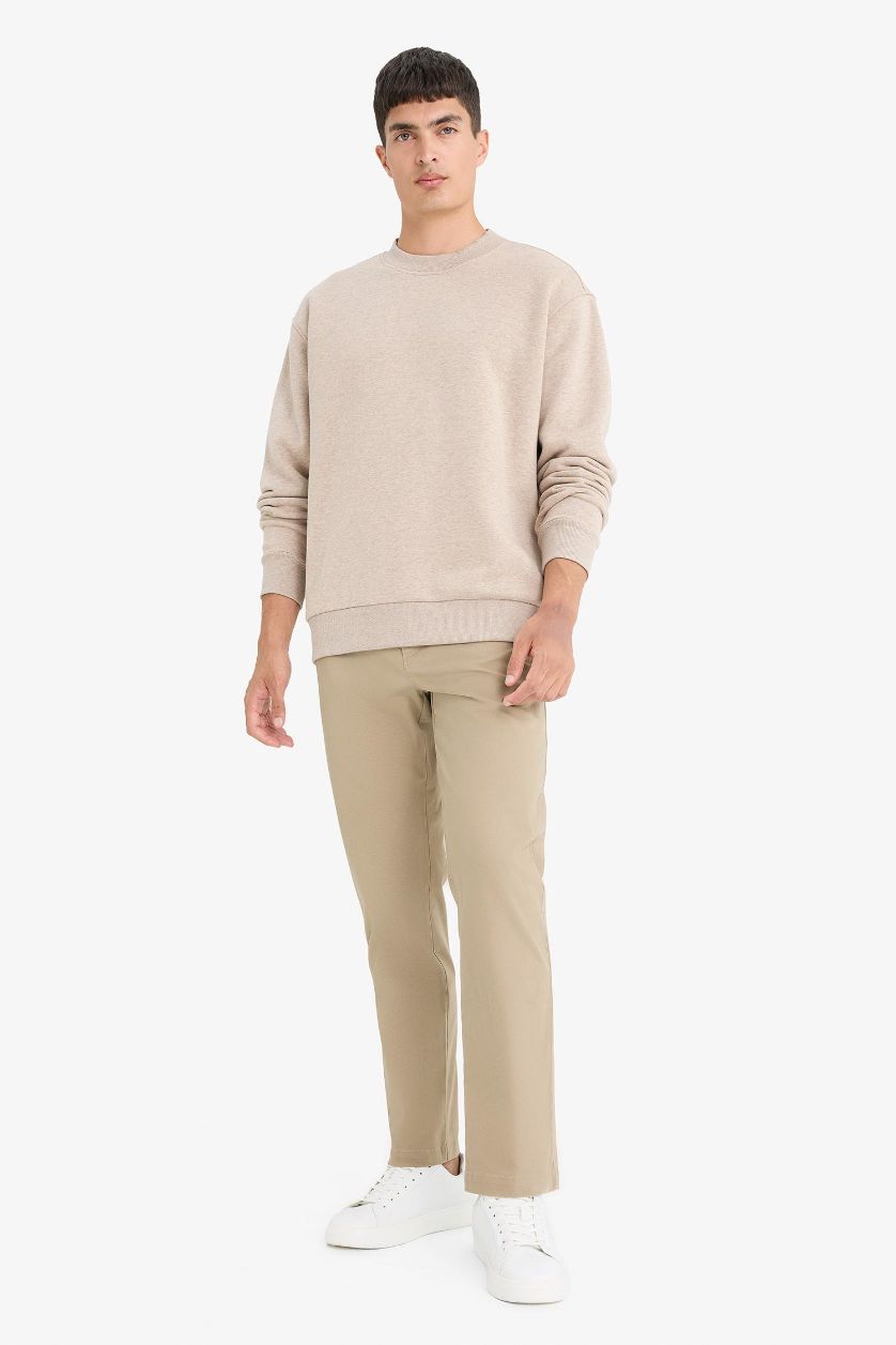 Erkek Açık Bej Melanj Relax Fıt Bisiklet Yaka Kalın Kumaş Sweatshirt