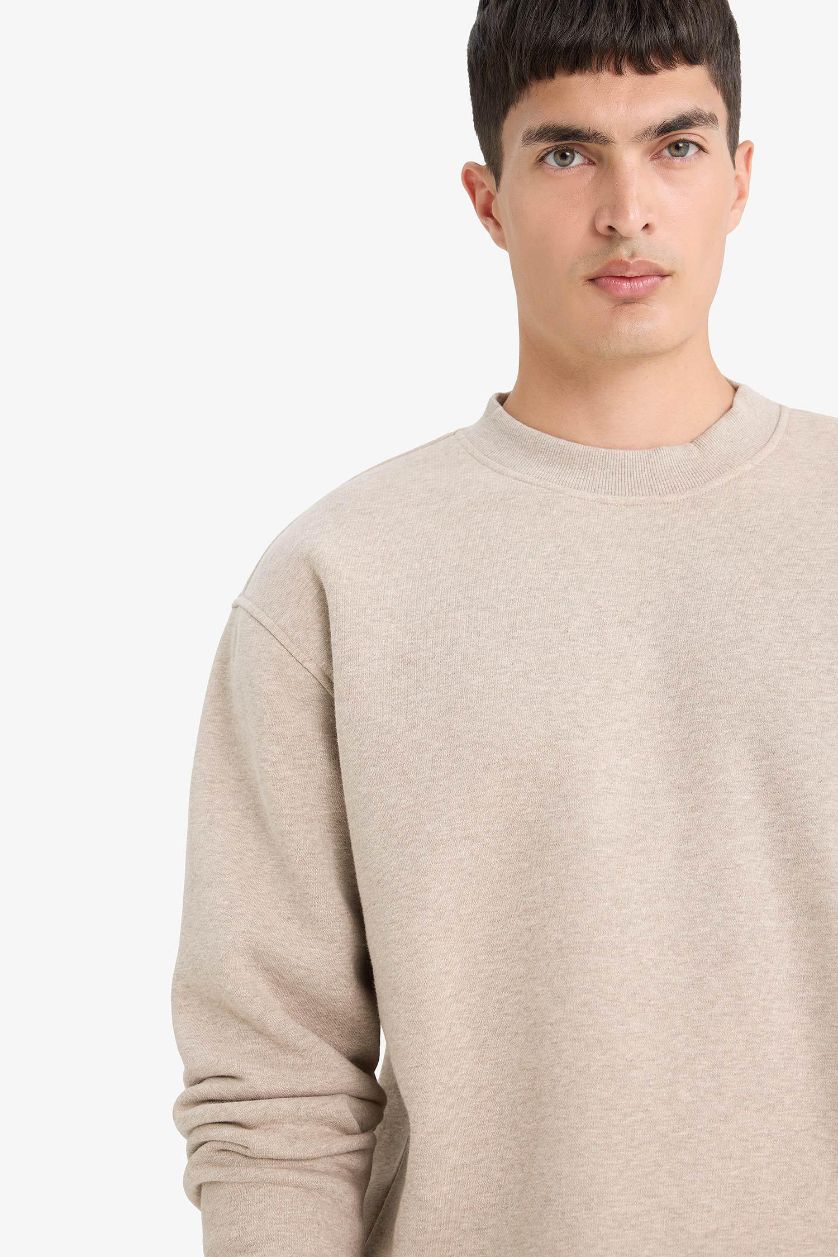 Erkek Açık Bej Melanj Relax Fıt Bisiklet Yaka Kalın Kumaş Sweatshirt