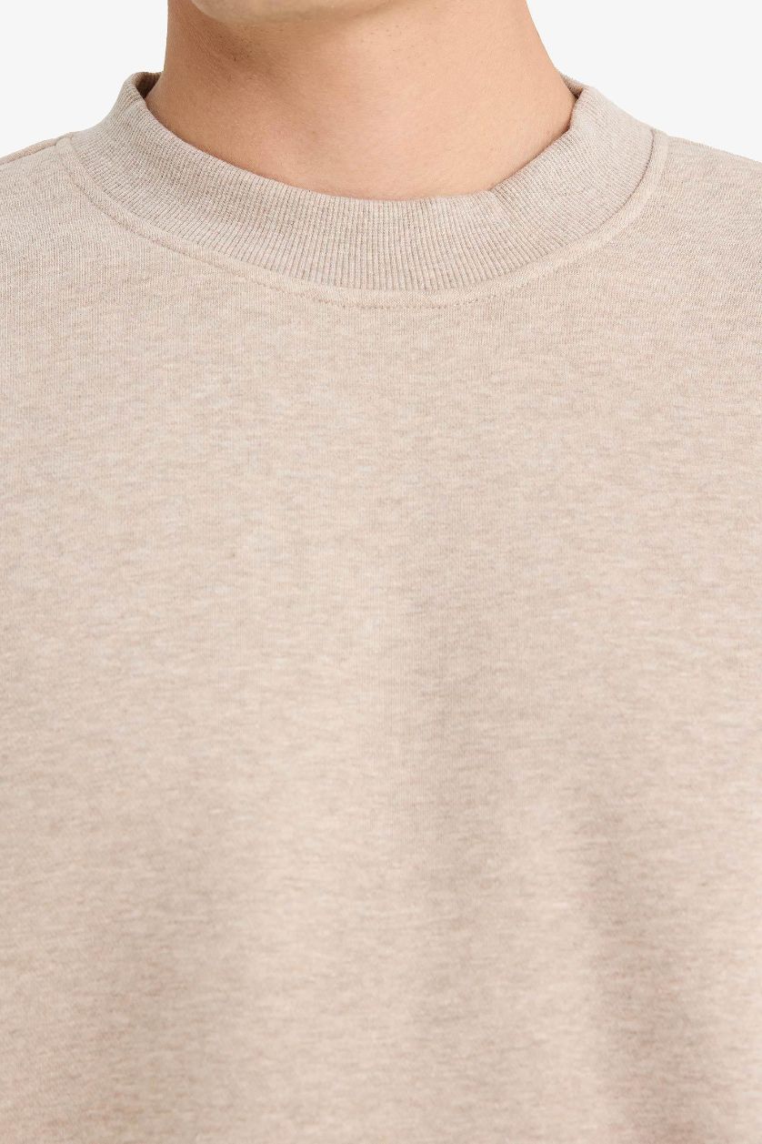 Erkek Açık Bej Melanj Relax Fıt Bisiklet Yaka Kalın Kumaş Sweatshirt