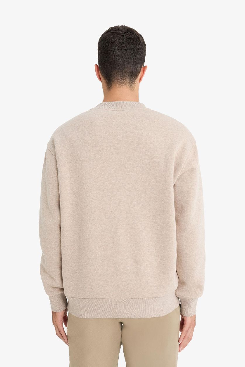 Erkek Açık Bej Melanj Relax Fıt Bisiklet Yaka Kalın Kumaş Sweatshirt