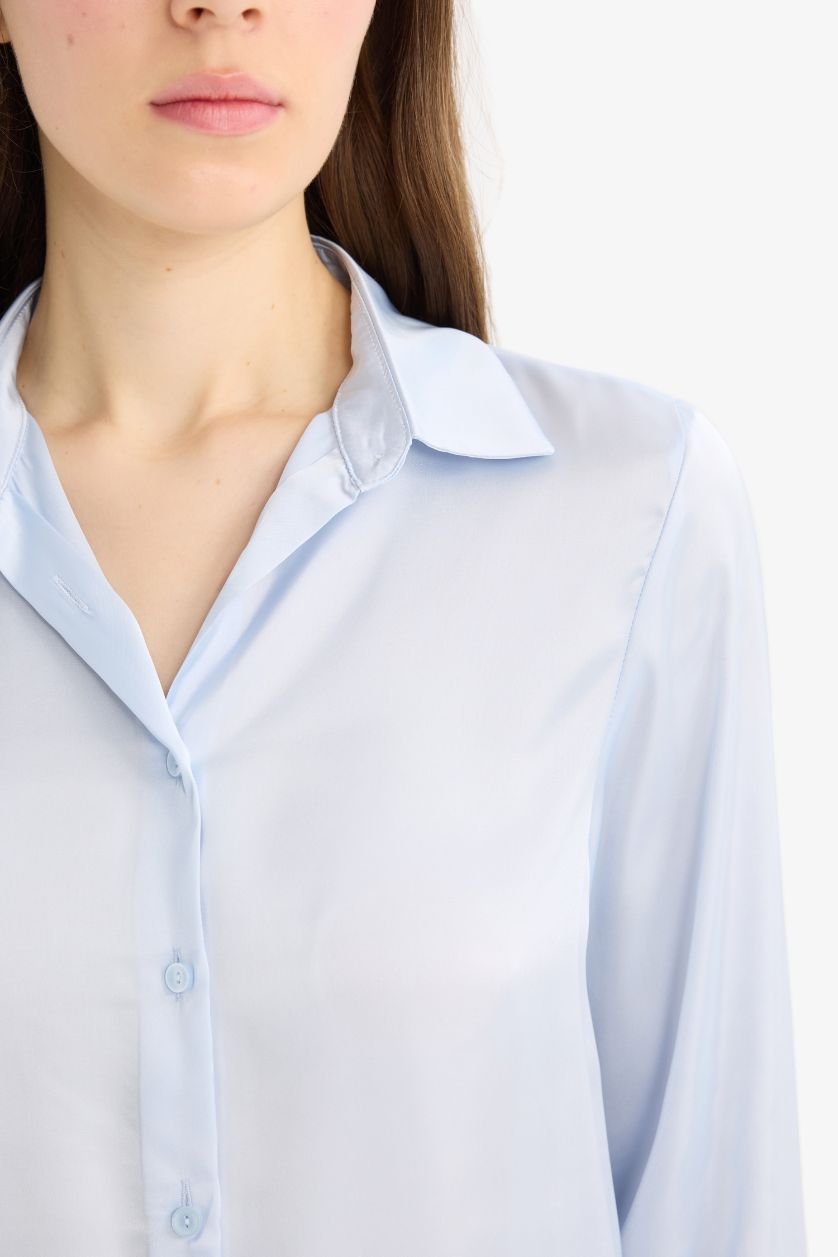 نساء أزرق فاتح قميص ستان ردن طويل قصة عادية