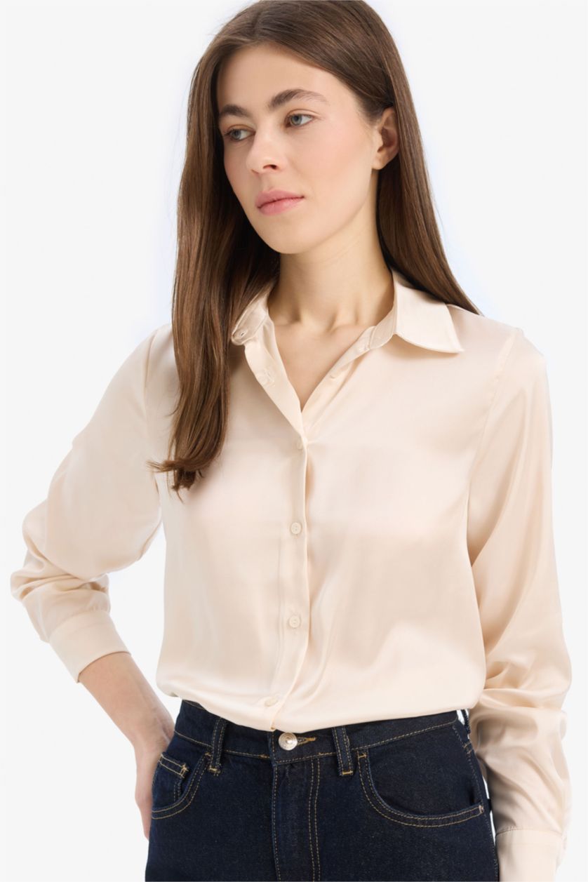 WOMAN Light Stone Regular Fit Satin Long Sleeve Shirt