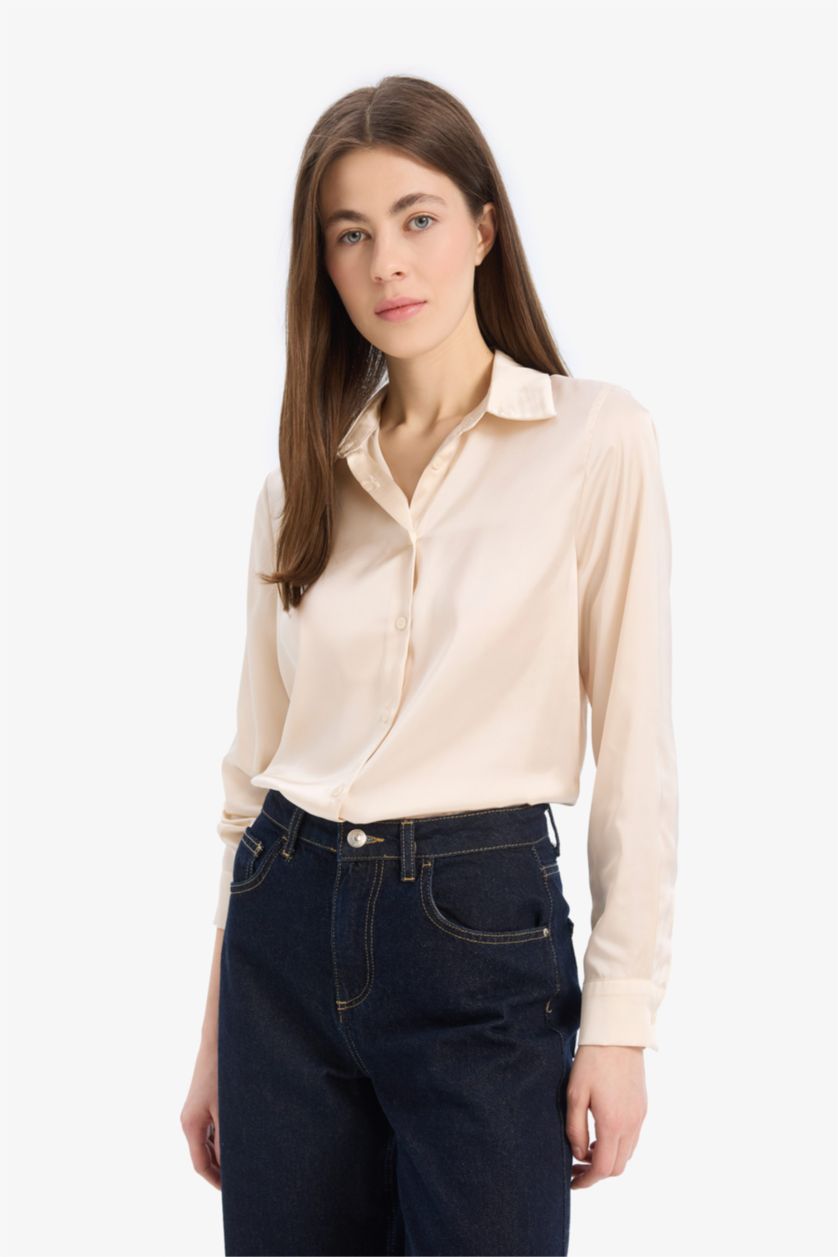 WOMAN Light Stone Regular Fit Satin Long Sleeve Shirt